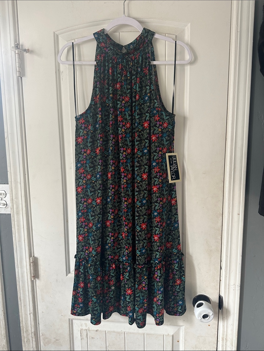 Julian Taylor Black Floral High-Neck Midi Dress-XXL